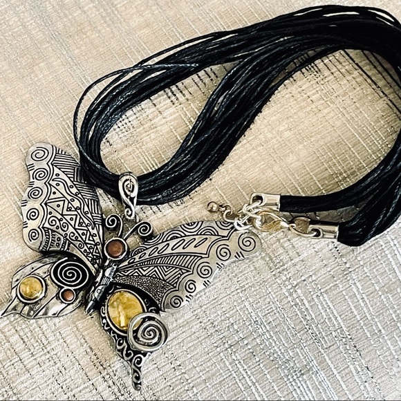Hand Crafted Jewelry - New statement necklace boho SILVER BUTTERFLY multi metal layered cord ARTISAN